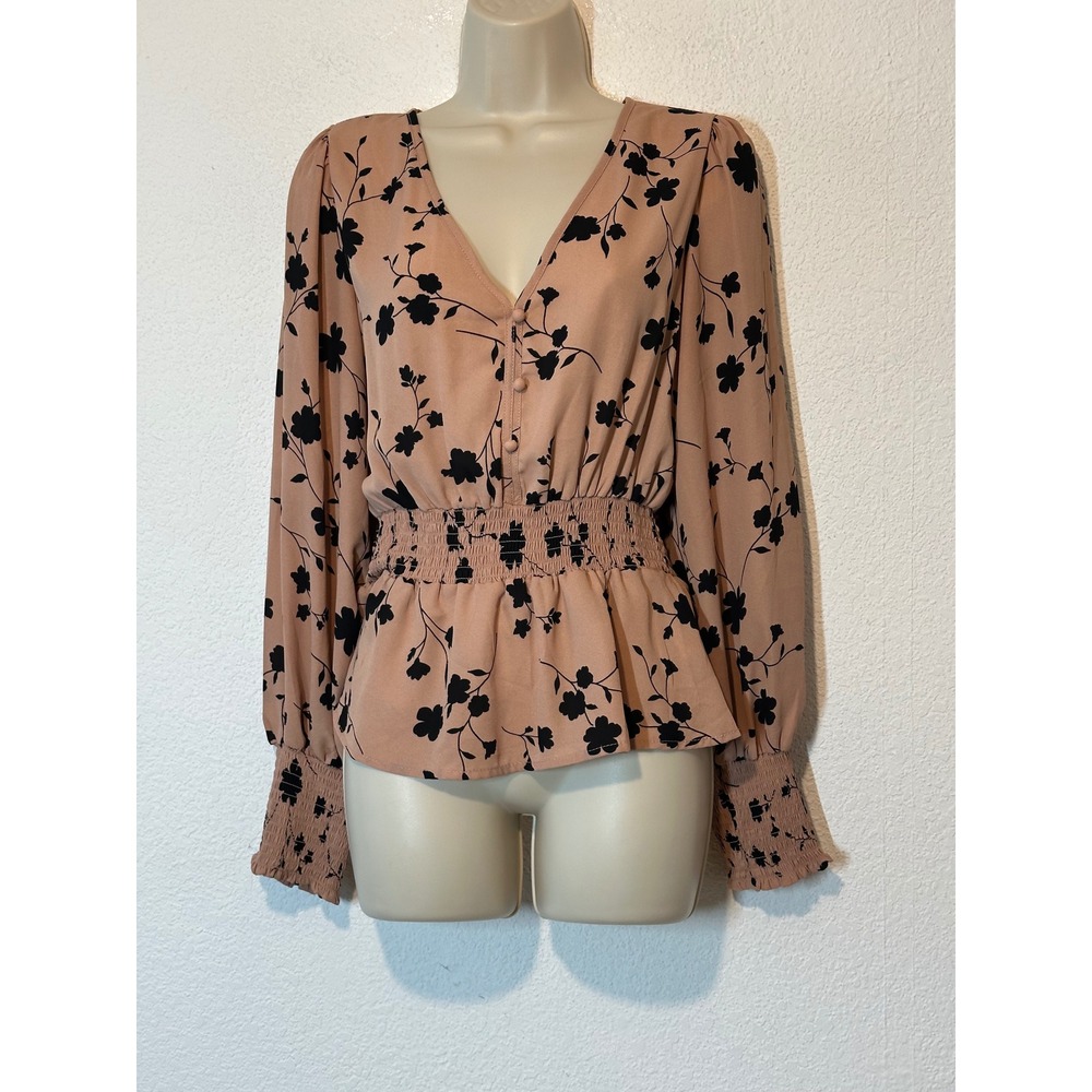 Regencycore Coquett Floral Smocked Peplum Blouse Pink Black Long Sleeve V-Neck M